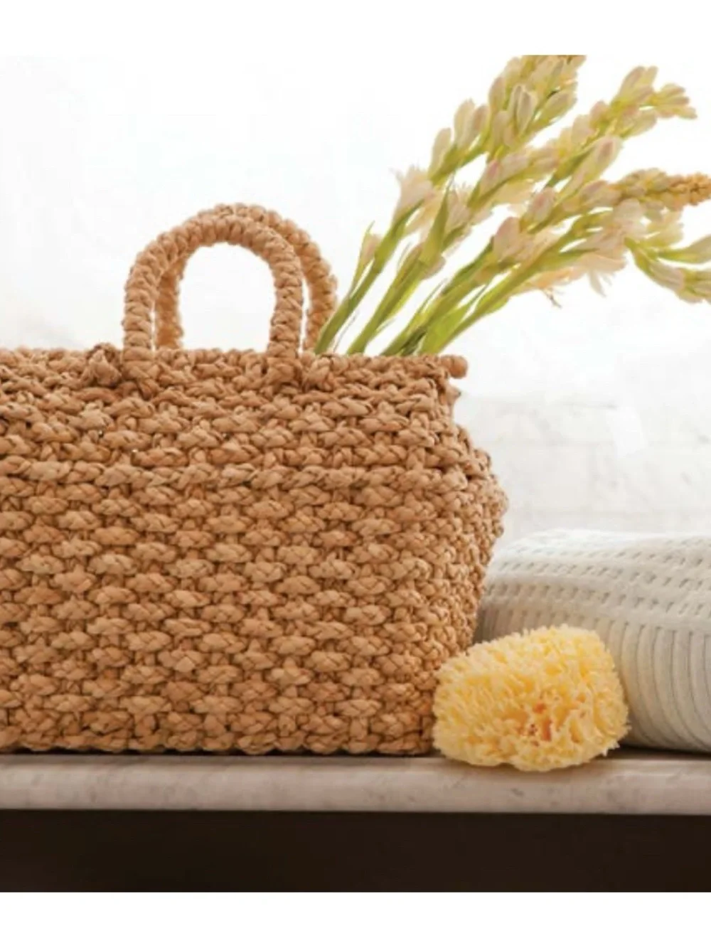 Vintage French Handwoven Straw Satchel Shopping Tote in Natural